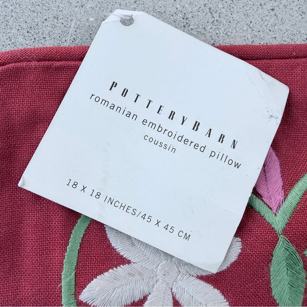 NWT Pottery Barn Red Floral Romanian Embroidered Pillow Cover 18x18 - Picture 3 of 4